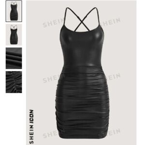 SHEIN ICON Ruched PU Leather Bodycon Dress